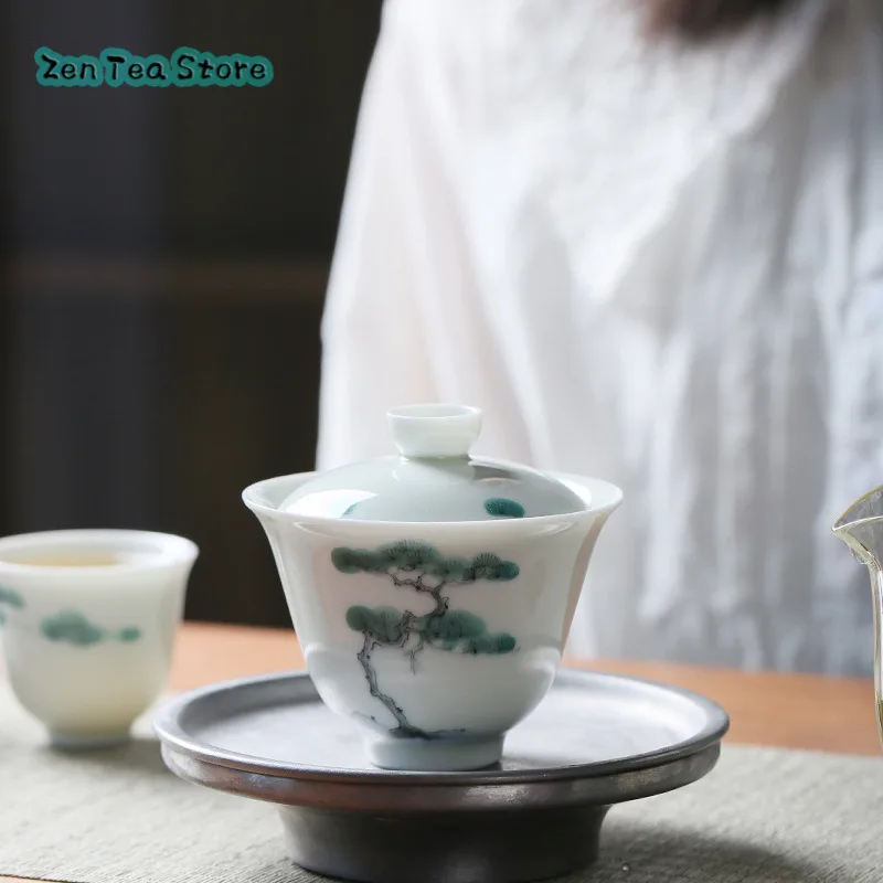 Dehua White Porcelain Hand-painted Pine Tree Three Cover Bowl Under Glaze Color Kung Fu Tea Set Chinese Tea Bowl For Home Use