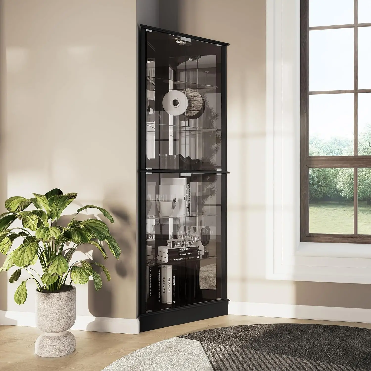 BELLEZE lighted accent corner display cabinet with tempered glass doors and shelves, perfect for living room, bedroom,