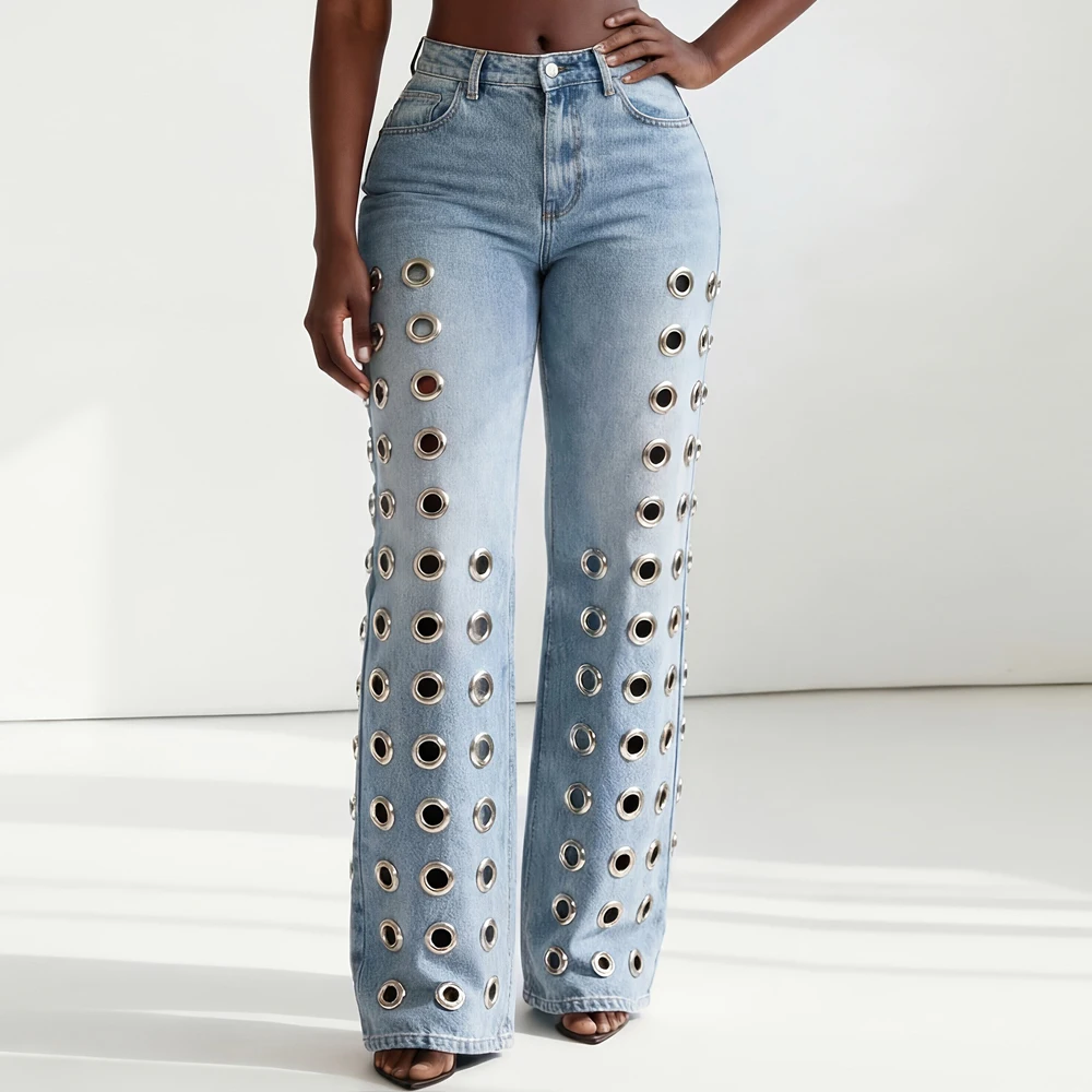 Straight Jeans Women Trendy Metal Ring Hollow Eyelet Design Wide Leg Pants Hipster Denim Trousers Luxury Original Harajuku 2026