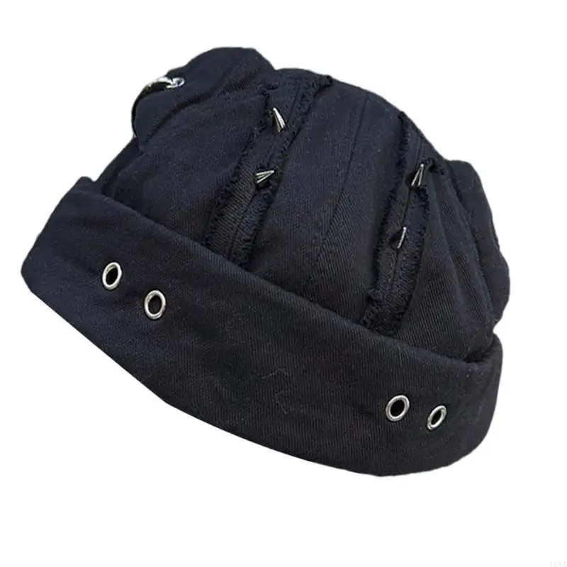 

L5YA Hip Hop Hat Rolled-Cuff Harbour Hat Distressed Brimless Skull Hat Adjustable Rivets Casual Hat for Outdoor Photo Props