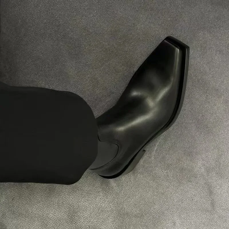 

Женские рыцарские сапоги на толстом каблуке с квадратным носком и средней трубкой, черные мужские и женские кожаные ботинки челси на толстой подошве с перевернутым дымоходом