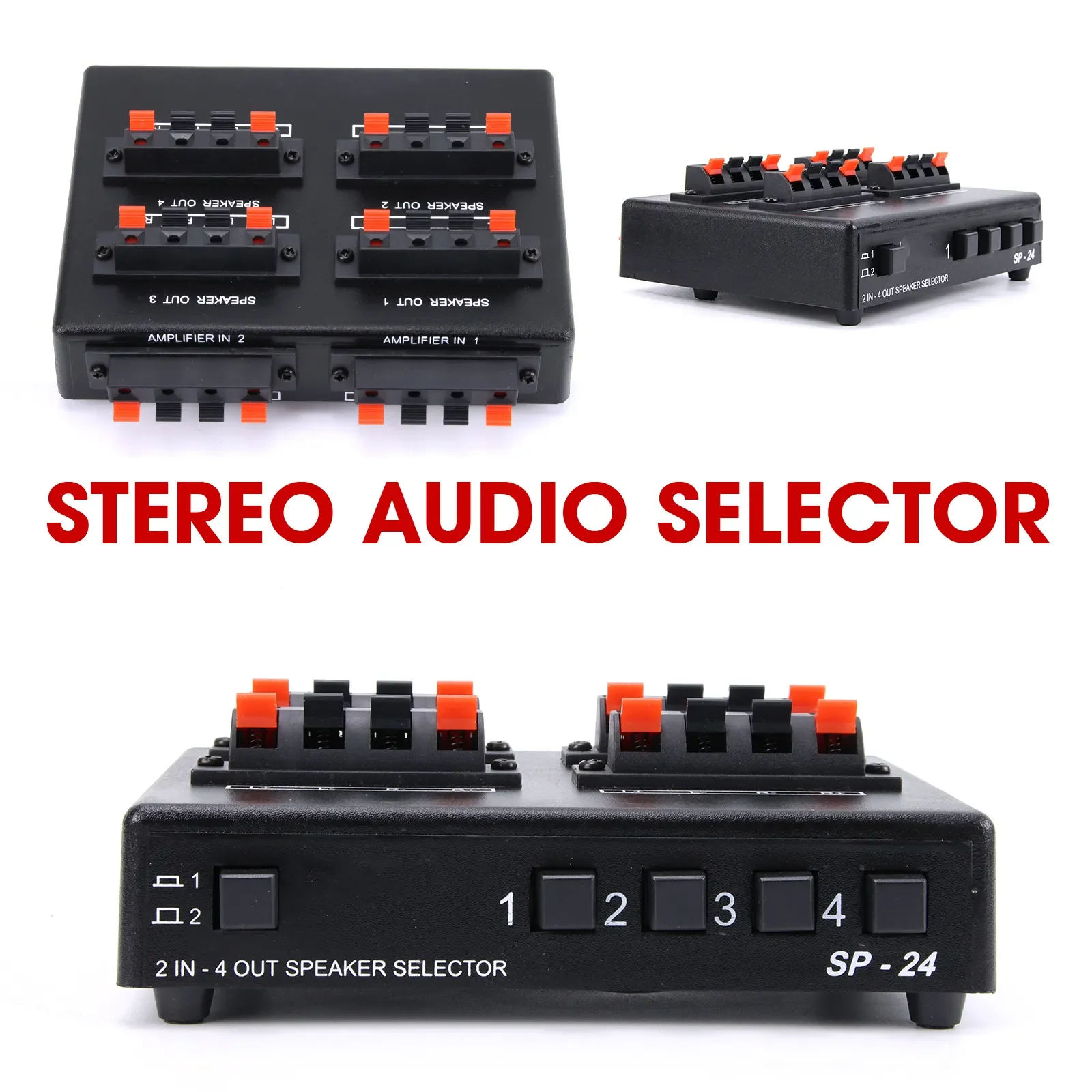 

Original Mini 2-IN-4-OUT Stereo Audio Selector Amplifier Switcher Box Speaker Splitter SP-24B SP-24 SP-220S