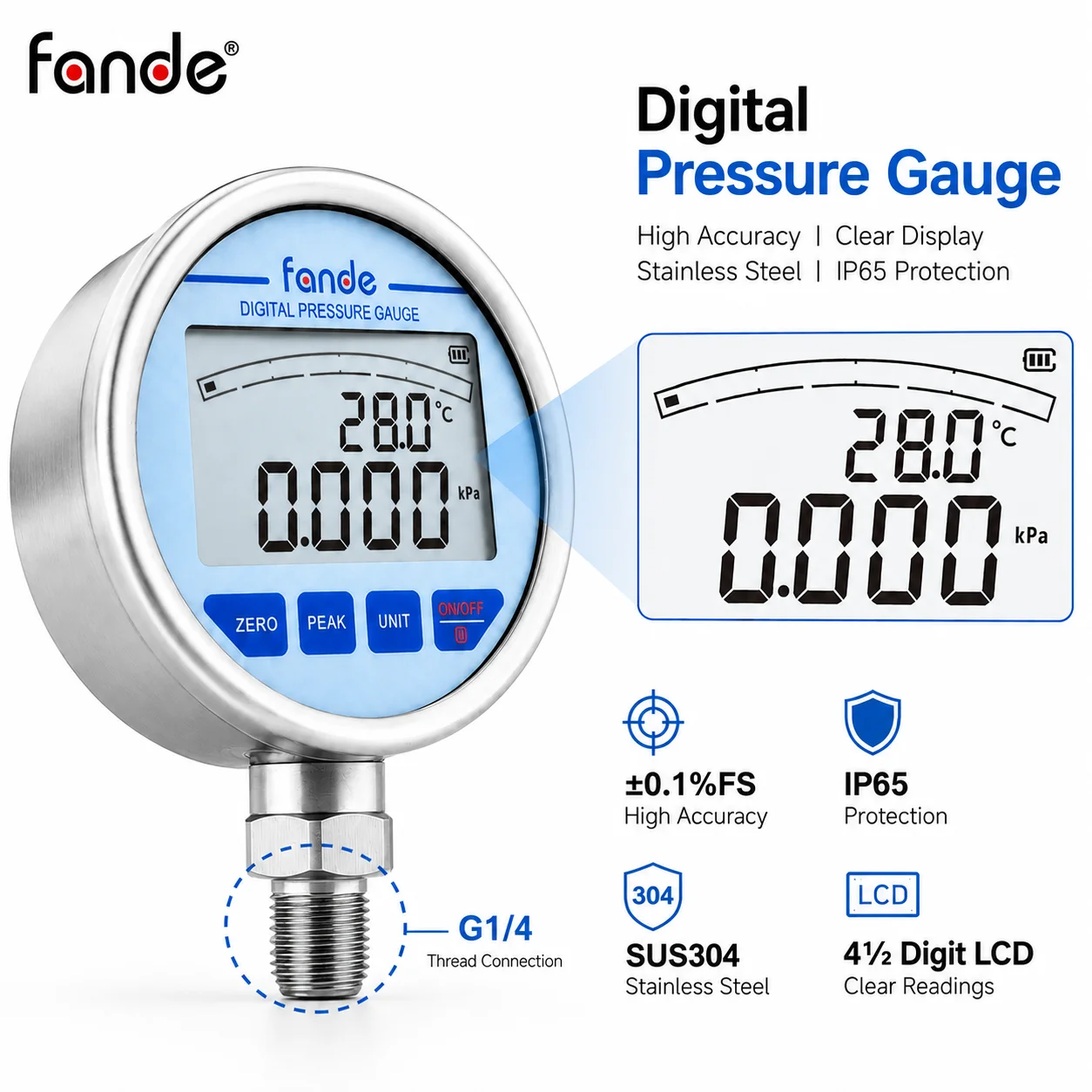 Electronic Pressure Tester G1/4 100MPa ±0.1%FS High Resolution LCD IP65 SUS304 Stainless Steel for Hydraulic Pneumatic Equipment