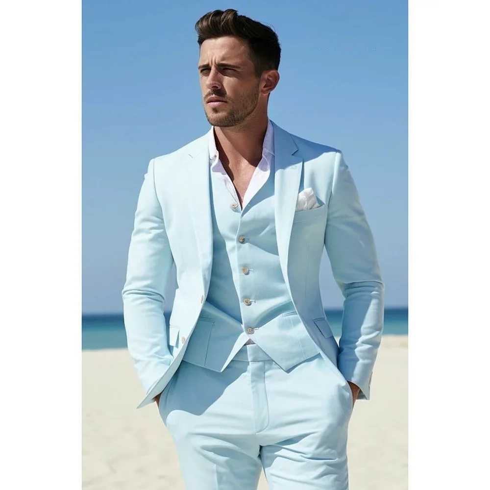 

Sky Blue Men Suits 3 Piece Fashion Notch Lapel Single Breasted Wedding Tuxedo Smart Casual Male Suit Slim (Blazer+Vest+Pants)