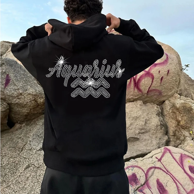 Fashion Mens Loose Sweatshirt Hoodies Black Aquarius Rhinestone pocket Hoody Male Casual Streetwear Jacket Coats Unisex Pullover