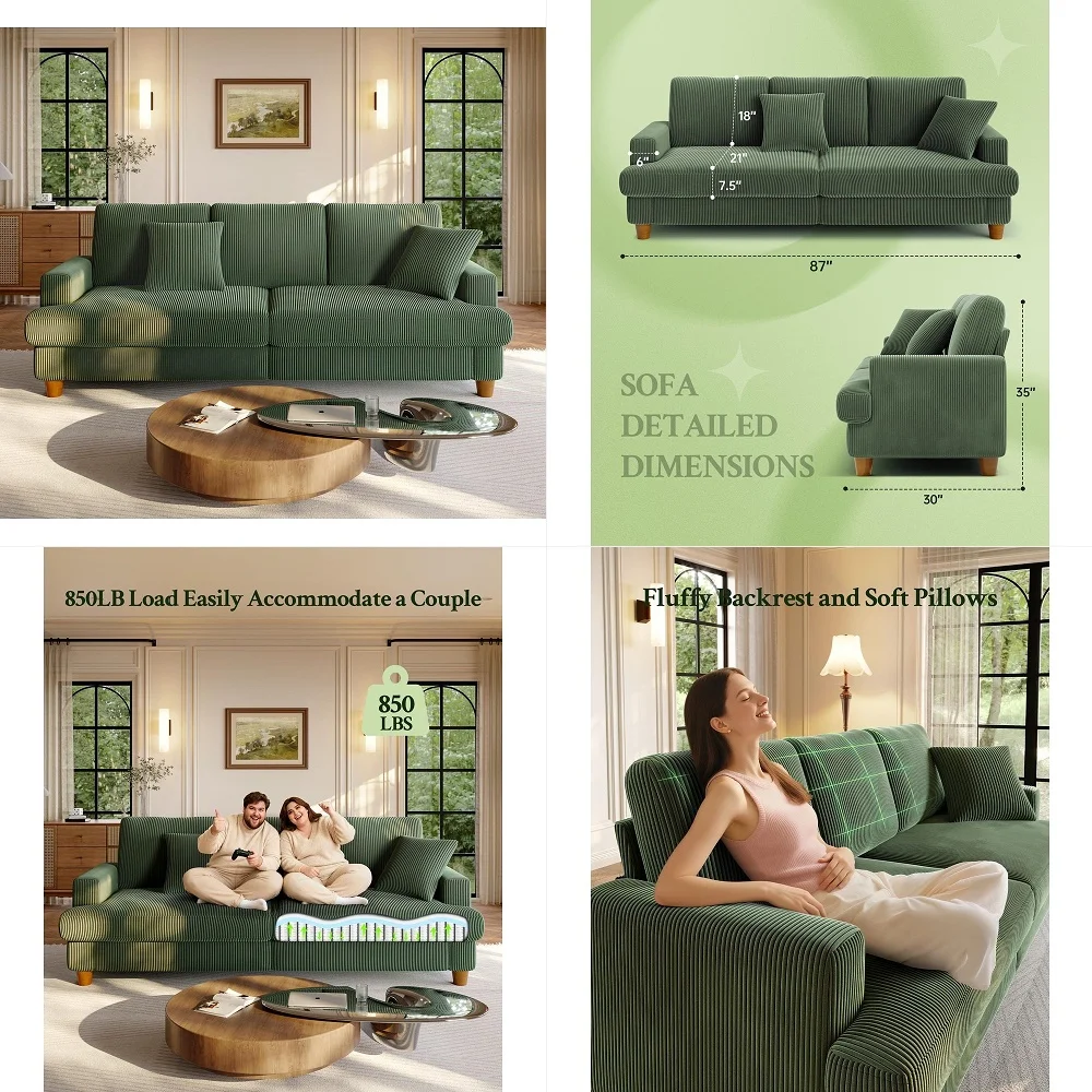 

3 Seater Couch, Mid Century Modern Sofa with Rolled Arms and Deep Seats, Fluffy Comfort for Living Room, Apartment, Easy Assemb
