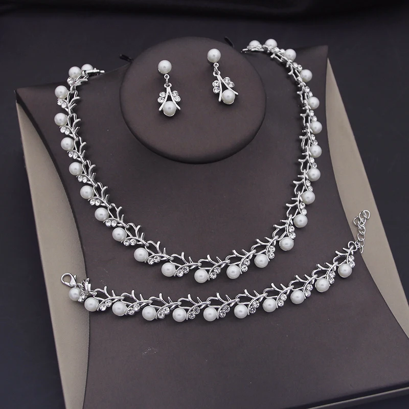 Luxury Pearls Bridal Jewelry Sets for Women Tiaras Bracelets Necklace Sets Wedding Crown Bride Jewelry Set Accessories