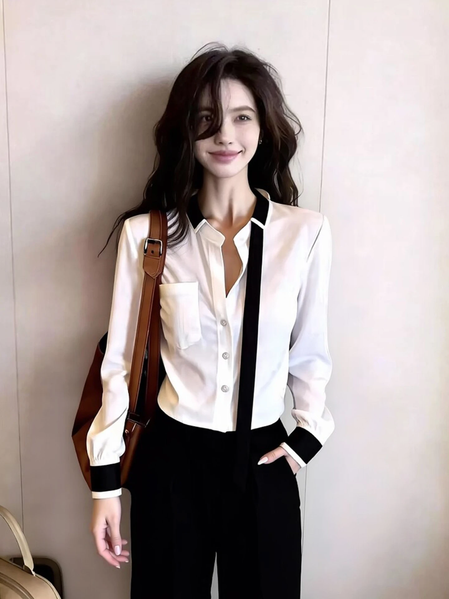 

Ele Silk Chiffon irt Women's Faion Spring Season Color Blo Netie Long Sve Versatile Busin Casual Top