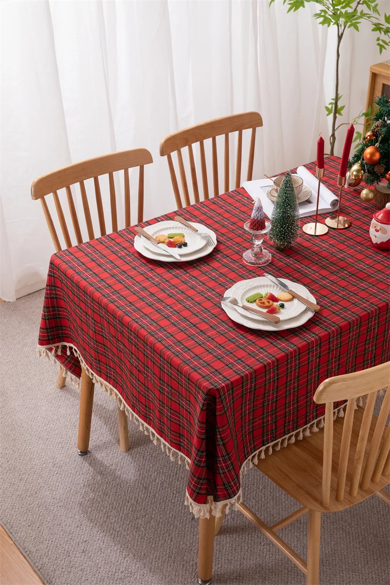 Weihnachtsdekoration, runde Tischdecke, karierte Tischdecke für Neujahr, Familientreffen, Restaurant, Party, Abendessen, Heimdekoration – Detail 22