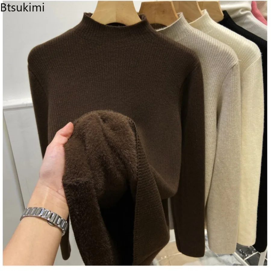 2026 Turtleneck Winter Sweater Women Elegant Thicken Velvet Lined Warm Sueter Knitted Pullover Slim Tops Jersey Knitwear Jumper