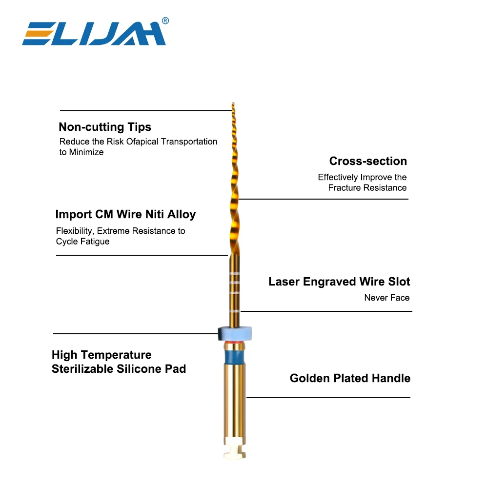 ELIJAH 6 uds activación de calor Dental Super archivo oro rotativo Motor Flexible limas cónicas conducto radicular instrumento de odontología Material