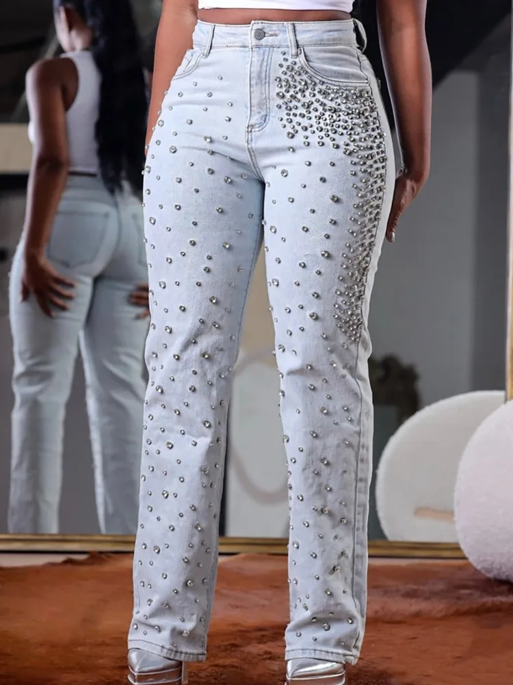 

Luxury Rhinestone Beaded Jeans Women Sparkly High Waisted Straight Leg Denim Pants Y2K Fashion Streetwear Club Outfits Trouser