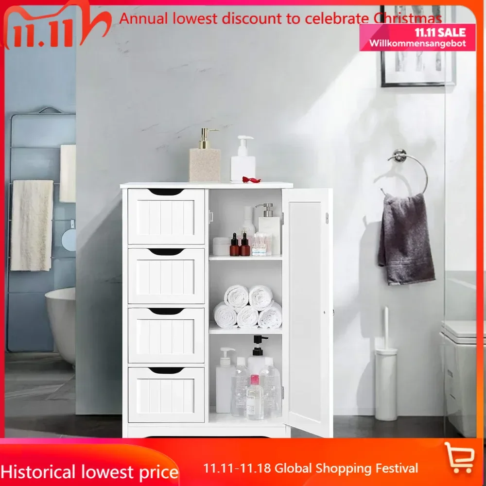 Wooden Floor Cabinet, Side Storage Organizer with 4 Drawers and 1 Cupboard, Freestanding Entryway Storage Unit Console