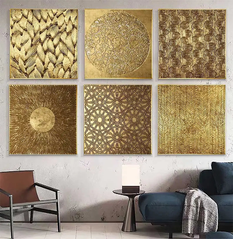 Nordic Golden Foil Wall Art Poster Light Minimalist Canvas Painting Print Abstract Labyrinth Geometric Texture Home Decor