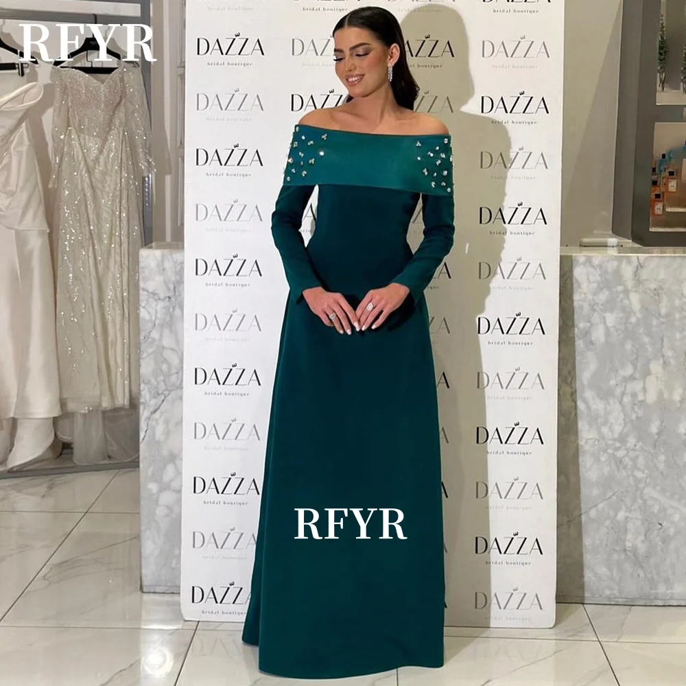 فستان رسمي للحفلات بأكمام طويلة من RFYR فستان سهرة على شكل حرف A للنساء العربيات بأحجار كريستالية للحفلات الراقصة فستان حفلات فيستدوس مخصص