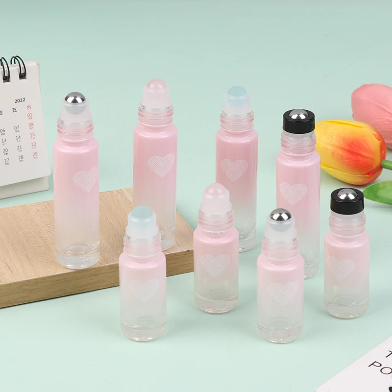 5/10ml Gradient Color Empty Bottle Thick Love Shape Pink Glass Roll On Bottles Roller Ball Bottle For Essential Oil Travel Kit