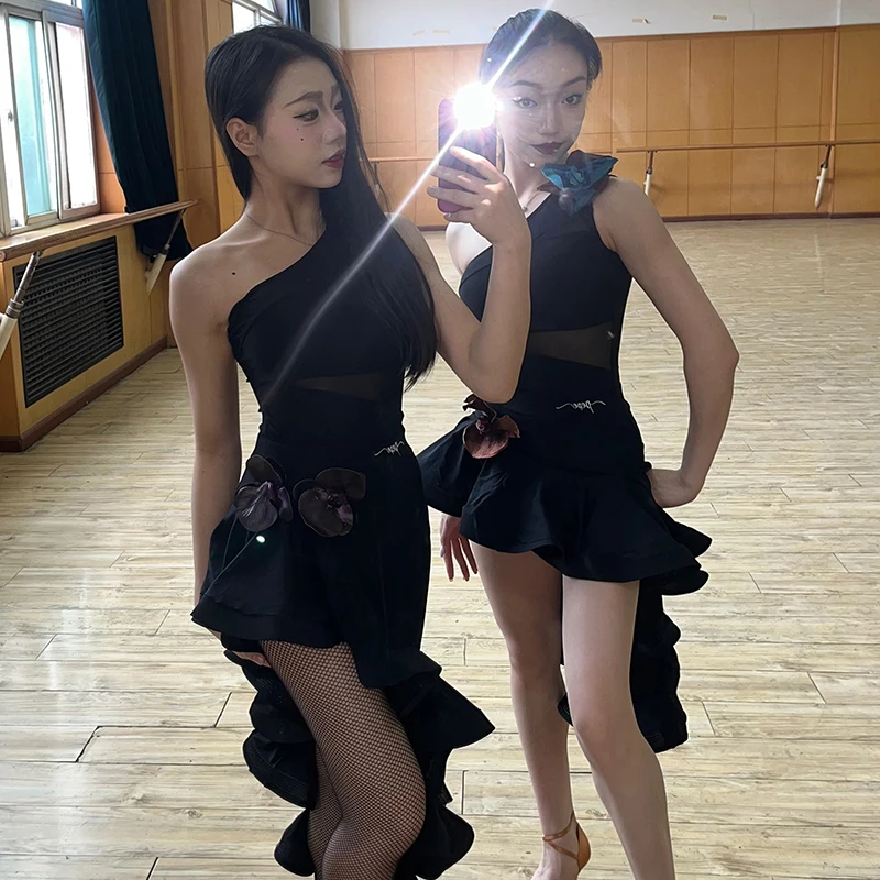 New Latin Dance Performance Costume Oblique Shoulder Flower Dress Rumba Dance Dress Adult Latin Competition Clothing DNV19044