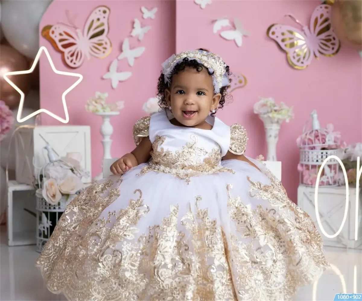 Vestidos de baile con apliques dorados para niña, vestidos de flores para sesión de fotos, vestidos de fiesta de cumpleaños para niños, vestidos de invitados de boda