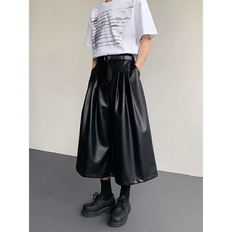 Men PU Leather Wide-leg Skirt Pants Streetwear Fashion Punk Gothic Loose Casual Calf-length Harem Pants Women Trousers