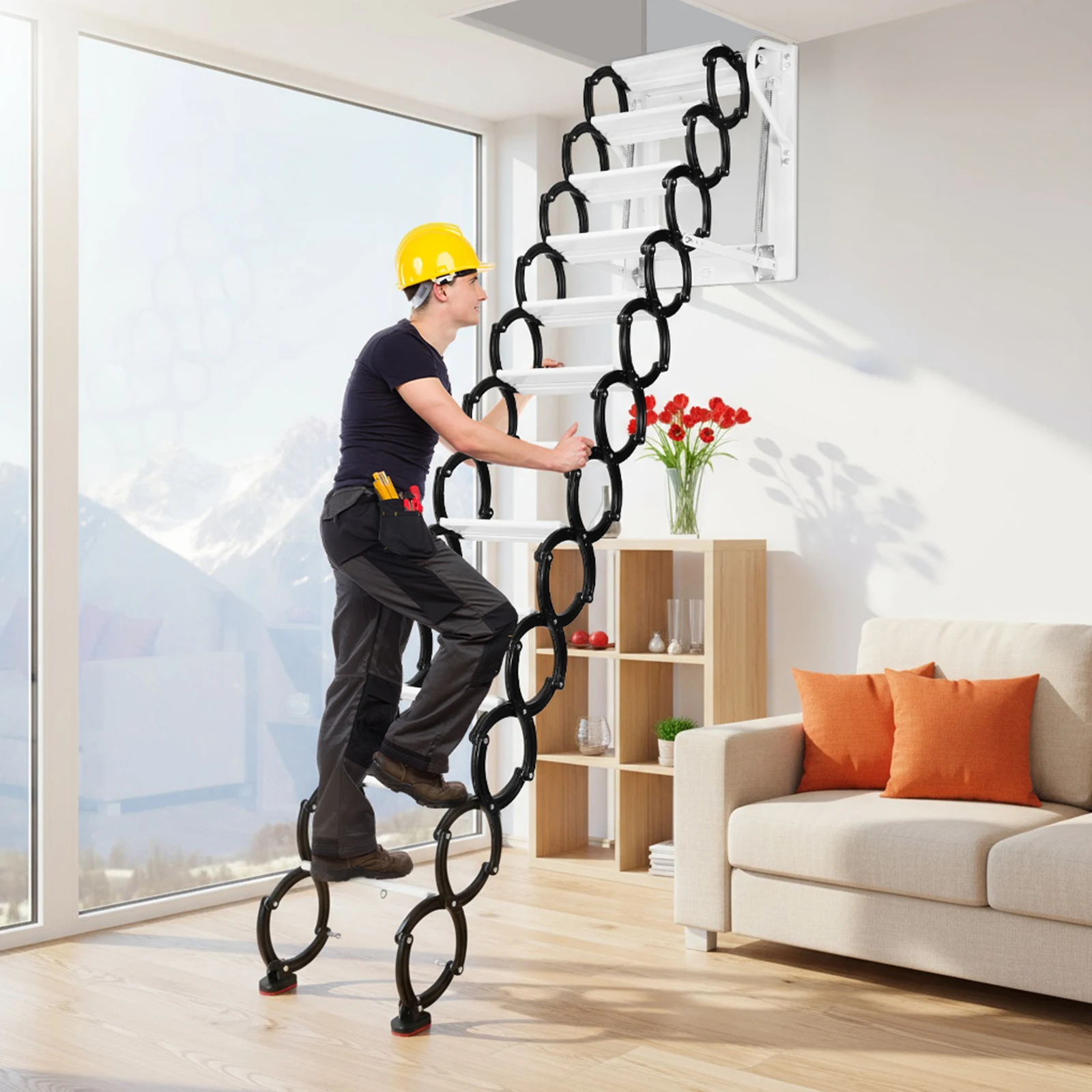 

Wall Mounted Attic Ladder 660Lbs Pull Down Attic Ladder w/ Armrests 12-Step Al-Mg Alloy Collapsible Ladder Pull Down Attic Stair