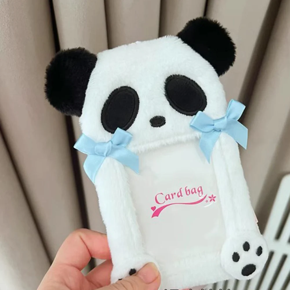 Cute Panda Plush Photocard Holder Cartoon Plush Card Case Kpop Idol Photo Sleeve INS Student ID Card Cover With Keychain Pendant