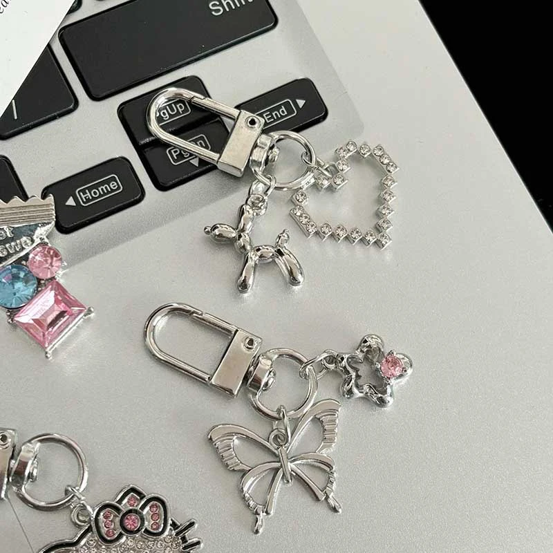 Y2K Silver Color Metal Butterfly Keychain Sweet Cool Cherry Keyring Girls Fashion Bag Pendant Backpack Hanging Decoration