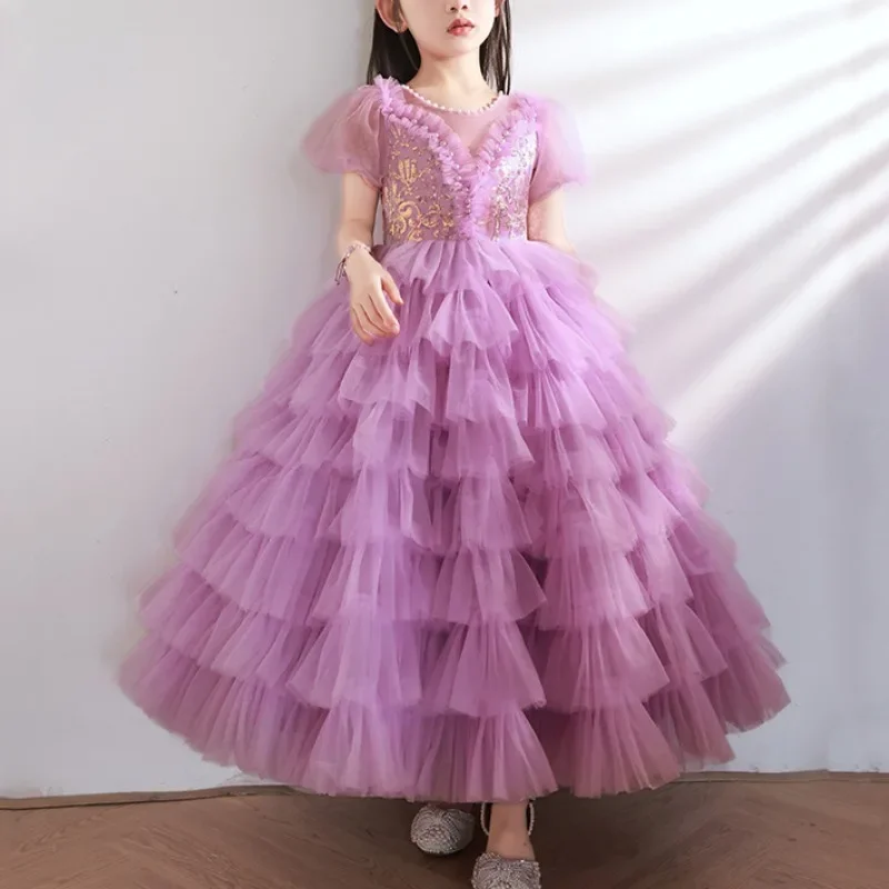 Vestido de fiesta de cumpleaños de manga abullonada con lentejuelas de temperamento, cuello redondo, malla escalonada, Vestidos de princesa, Vestidos de flores para niñas