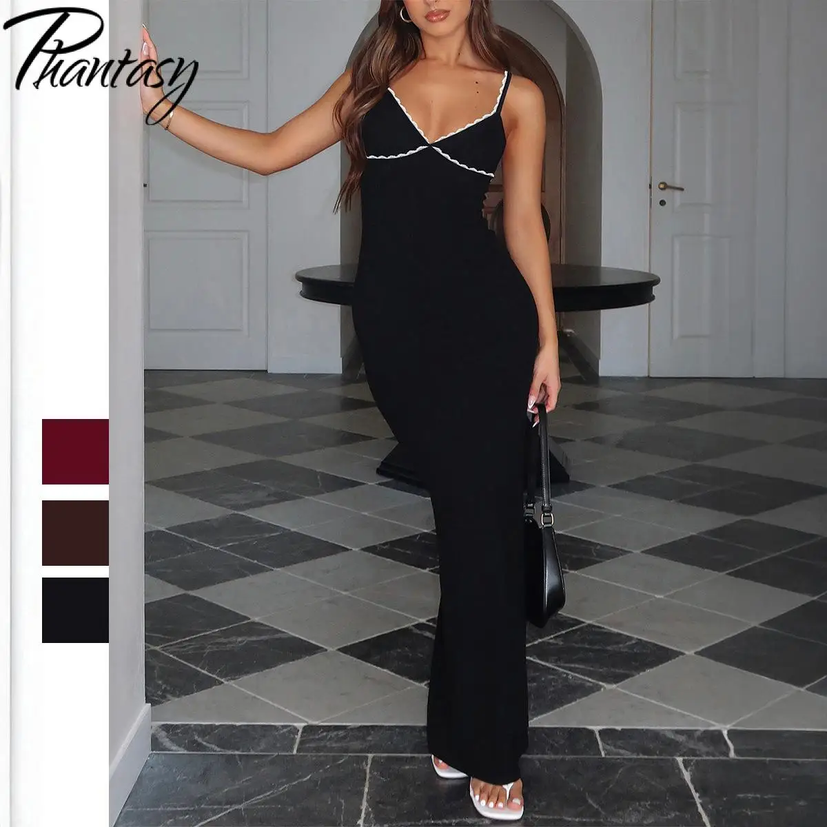 

Woman Summer White Jewelry Inlay Midi Suspender Sleeveless Dress Sexy V-Neck Design Slim Backless Dresses