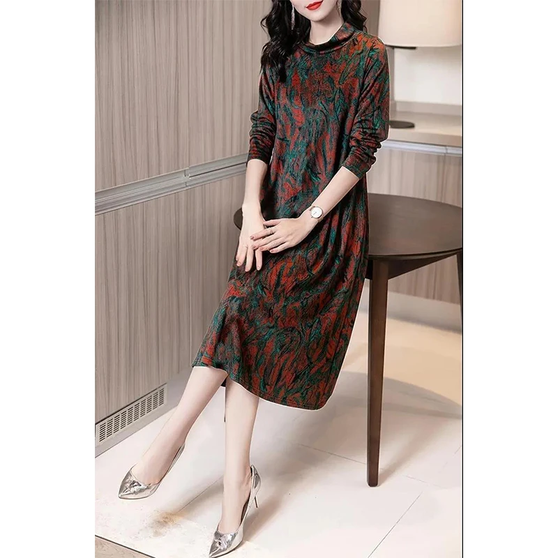 Autumn Winter Literary Vintage Ethnic Style Printing Dress Female Long Sleeve Loose Casual Elegant Robe Women Oversized Vestidos