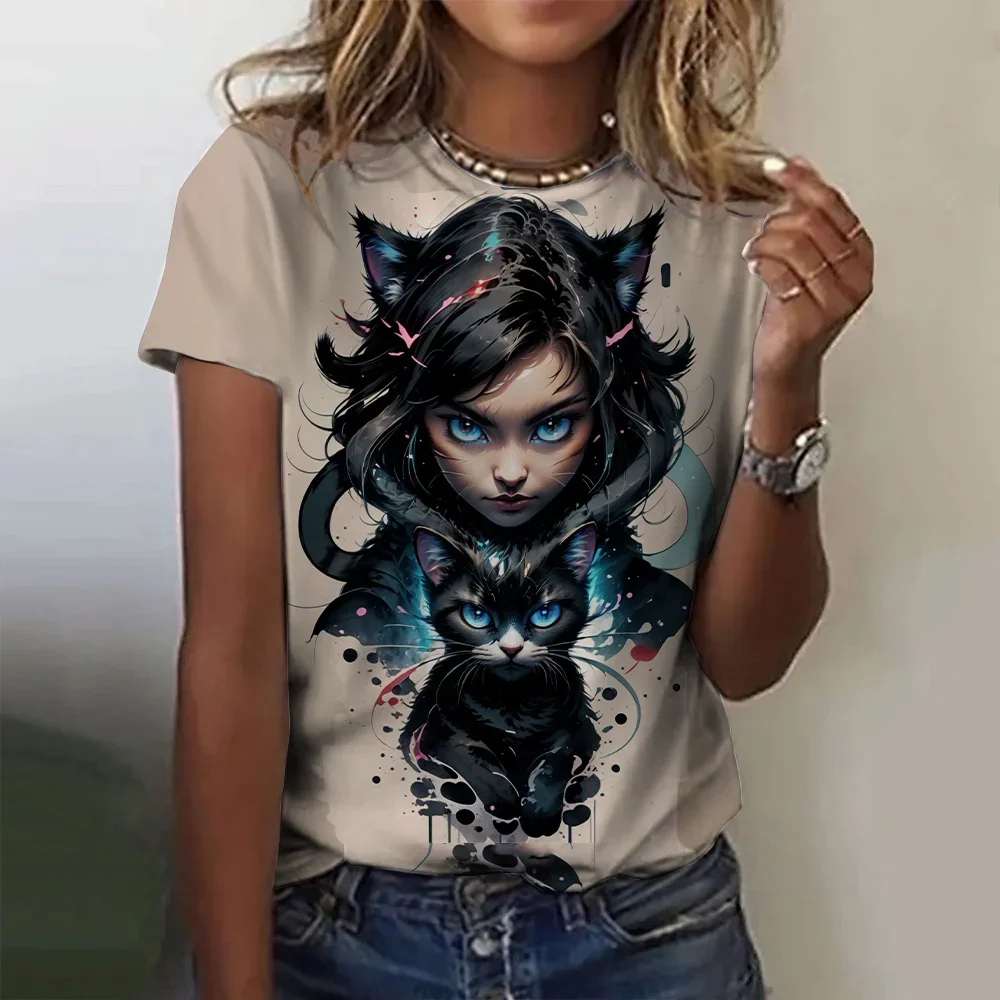

Женская футболка с 3D принтом в мультяшном стиле и цветочным узором «котенок» для девочек, летняя повседневная свободная футболка с круглым вырезом и короткими рукавами