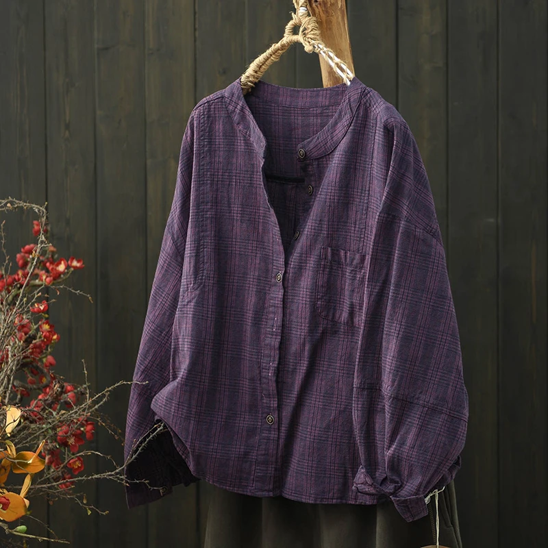 

Women Cotton Linen Casual Shirt New Arrival 2025 Autumn Vintage Style Stand Collar Plaid Pattern Loose Female Tops Shirts M2205