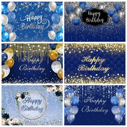 Vinyl Backdrop Blue Gold Balloon Happy Birthday Party Diamond Dots Customized Poster Baby Kid Banner Background For Photo Studio