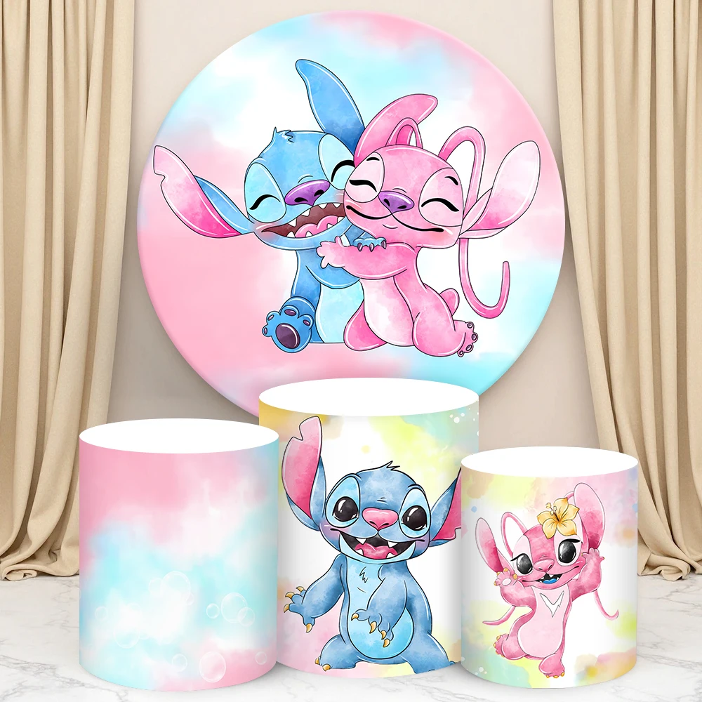 

Stitch & Angel Round Cylinder Backdrop Cover Disney Pink Blue Watercolor Kid Birthday Decoration Baby Shower Cylinder Cake Cover
