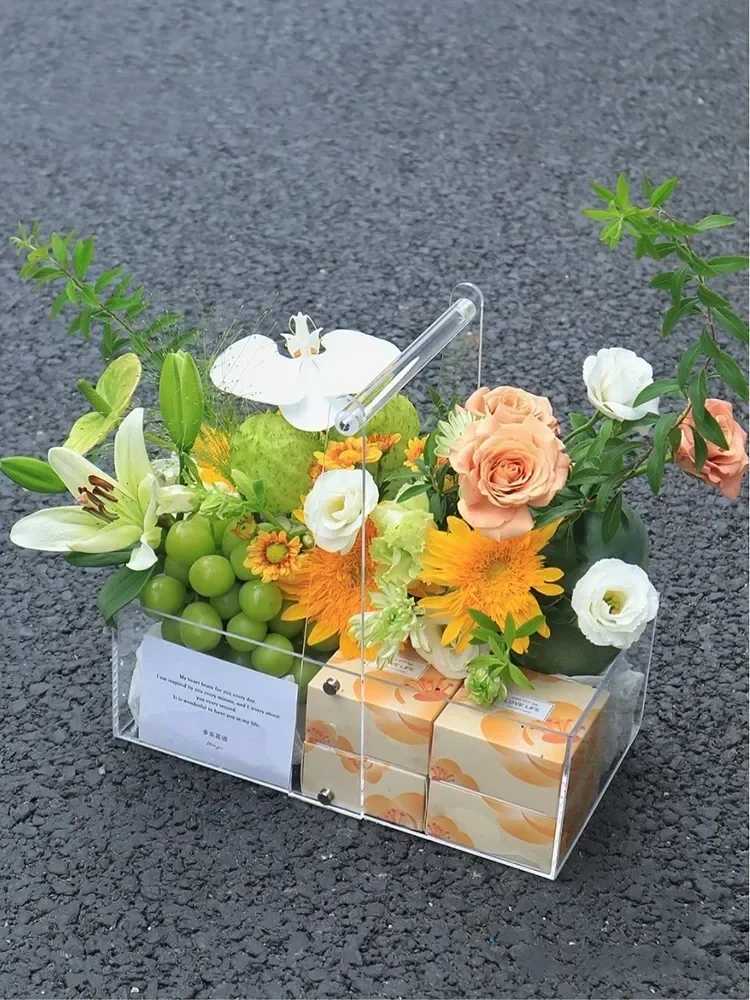 

22x12x10cm Acrylic Flower Arrangement Portable Box Transparent Fruits Flower Cake Storage Box Flower Shop Bouquet Packaging Box