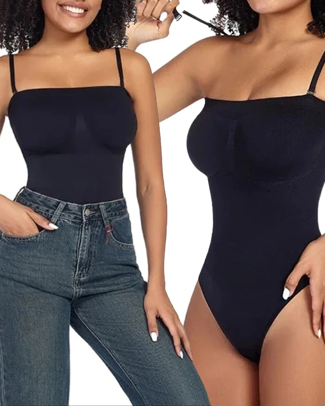 Women's Bandeau detachable shoulder strap jumpsuit shapewear, round neck control pants underwear, hip lifting shapewear