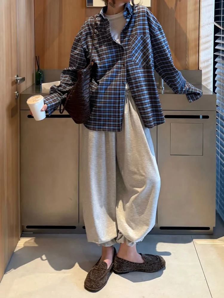 

Plaid Lapel Single Breasted Blue Shirt Women Casual Round Neck Long Sleeved Lady Top 2026 Spring Lady Daily Commuting Jacket