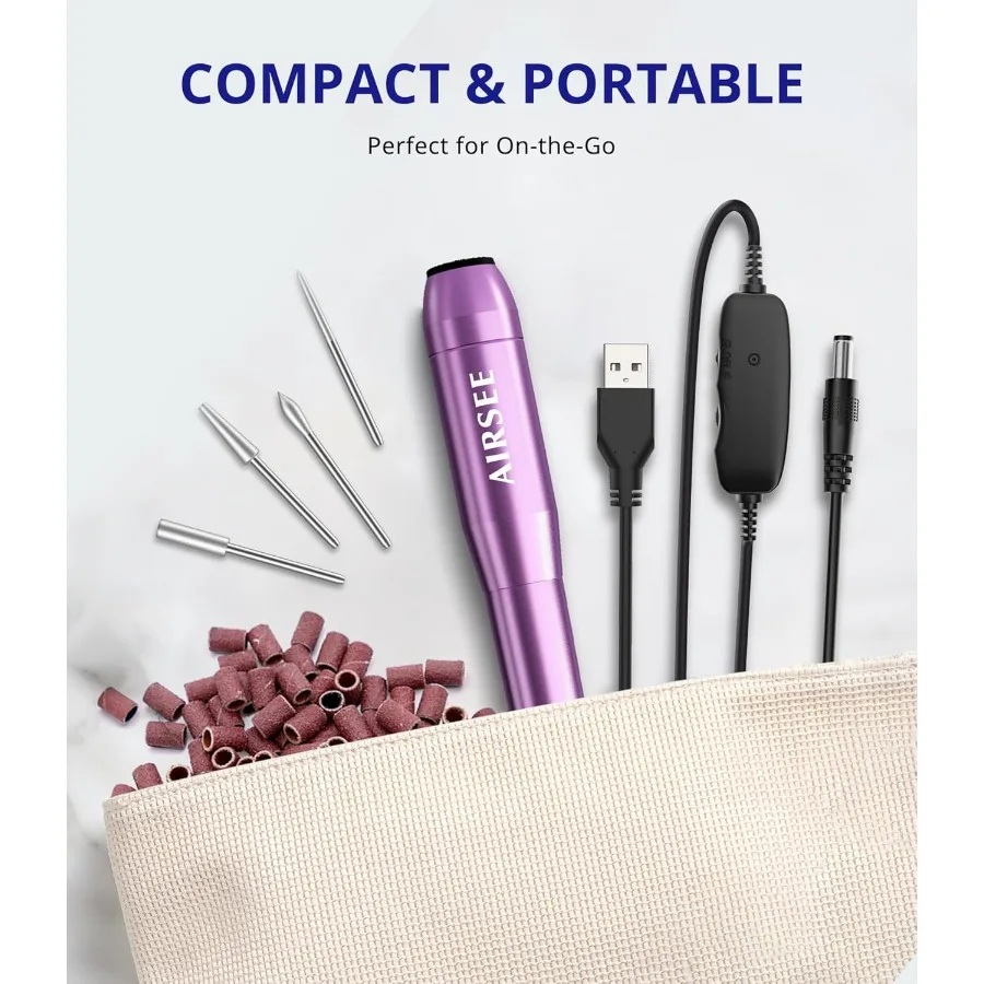 Home Lite USB มือถือเครื่องเจาะเล็บสําหรับผู้เริ่มต้นแฟ้มเล็บแบบพกพาเล็บเท้าชุด 6 Bits 26 Sanding Bands สําหรับ