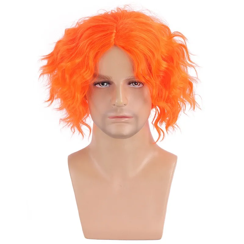 Parrucca cosplay Mad Hatter Copricapo da festa di Halloween Copricapo arancione Capelli corti ricci Film Alice nel paese delle meraviglie Parrucca di piombo maschile