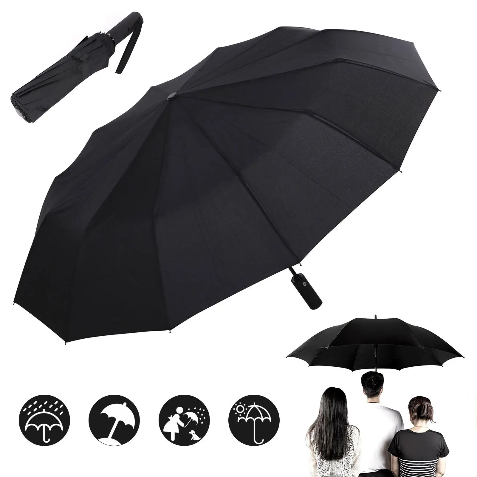 Large Strong 12 Ribs Folding Umbrella Automatic Open Close Waterproof Windproof