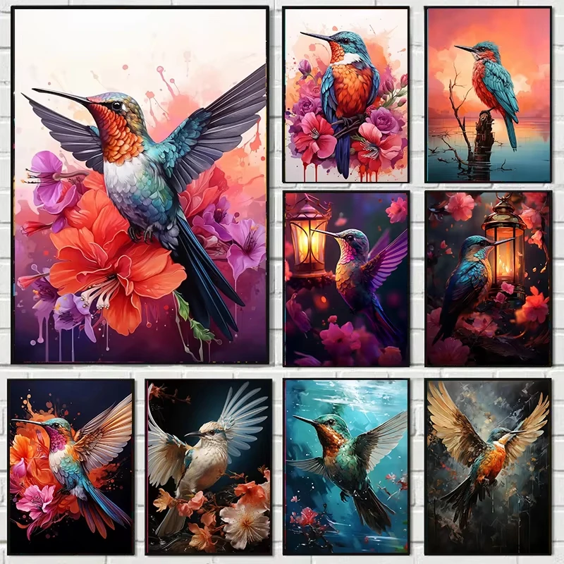 Abstract Hummingbird with Flower Posters Prints Animal Canvas Painting Vintage Wall  Picture Modern Living Room Home Decor