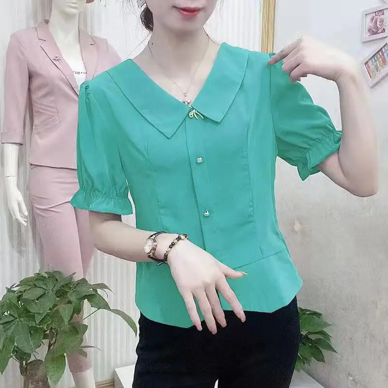 Women\'s Korean Fashion Elegant Chiffon Blouse Summer Casual Solid Slim Button Shirt Chic Irregular Tops Blusas Para Mujer 2024