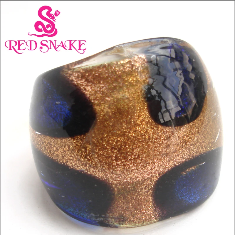 

Fashion Handmade Golden sand bottom color with blue drops Murano Glass Ring