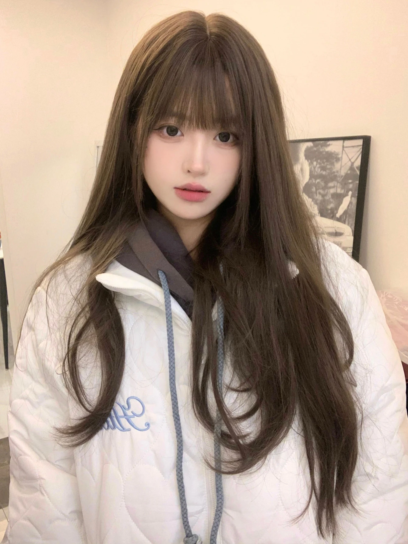 24Inch Cold Brown Synthetic Wigs With Bang Long Natural Straight Hair Wig for Women Daily Use Cosplay Heat Resistant Lolita