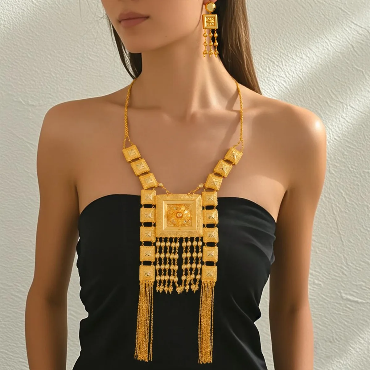 Luxury 24K 9999 Pure Gold real gold Middle East women's necklace set geometric hollow carved necklace earrings
