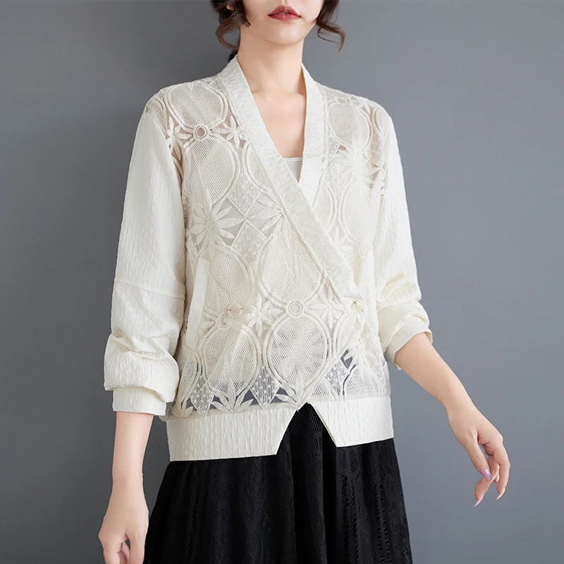 

Ele ort Hollow out Lace Embroidery Patchwork Texture V-Ne Pure Color Loose Fit Outerwear Spring Autumn New Sle