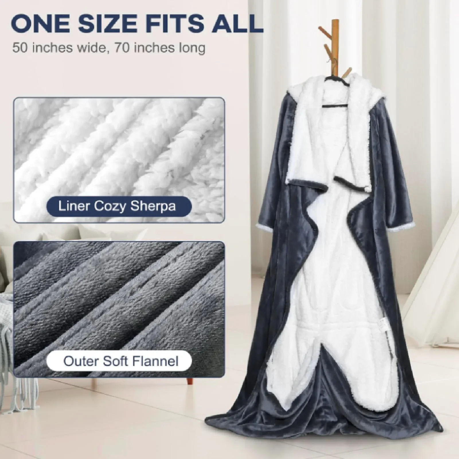 Heated Blanket with Sleeves Hood and Foot Pocket Flannel 10 Heating Levels Electric Wearable Blanket with 3 Time Setting