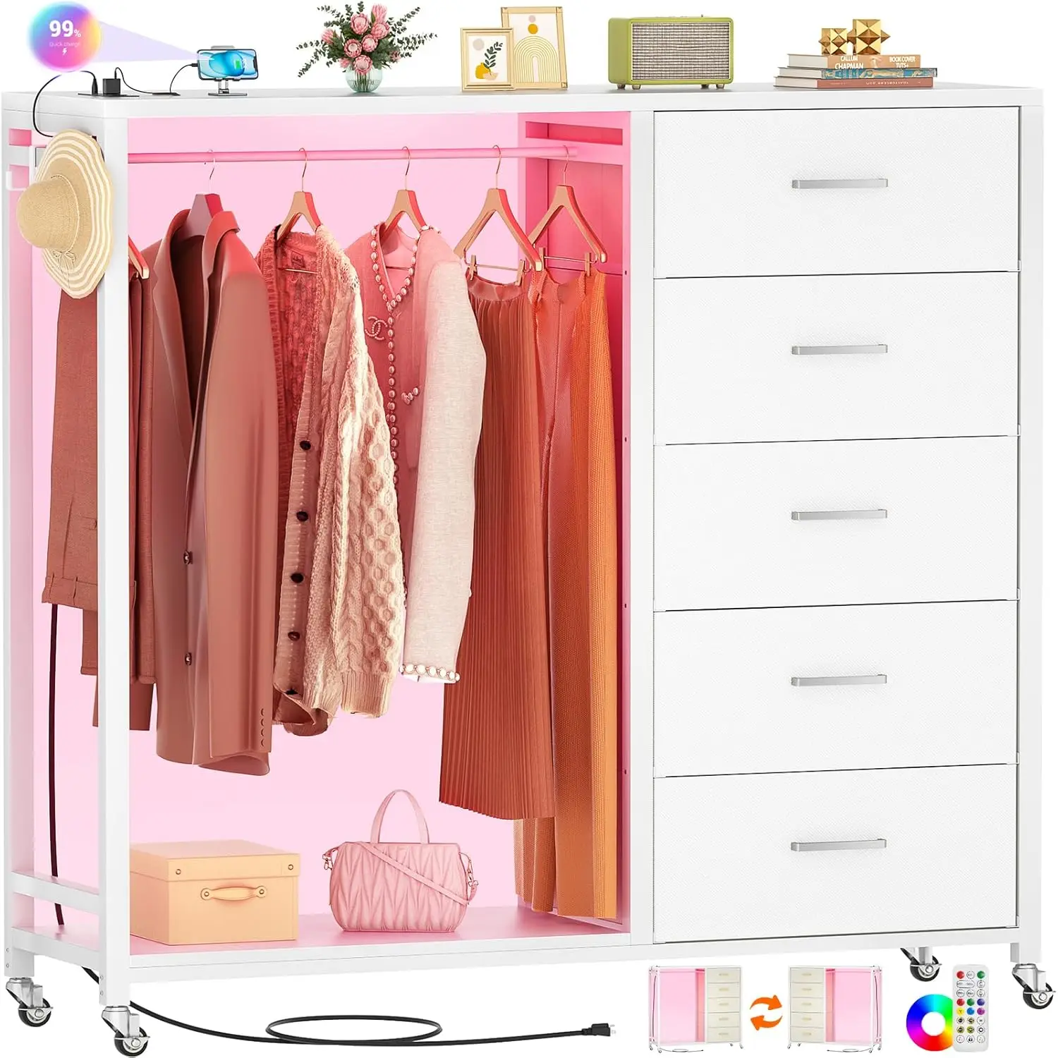 Dresser for Bedroom with Clothes Rack, 5 Drawers Dresser with Charging Station & LED Lights, White Storage Chest of Drawers with