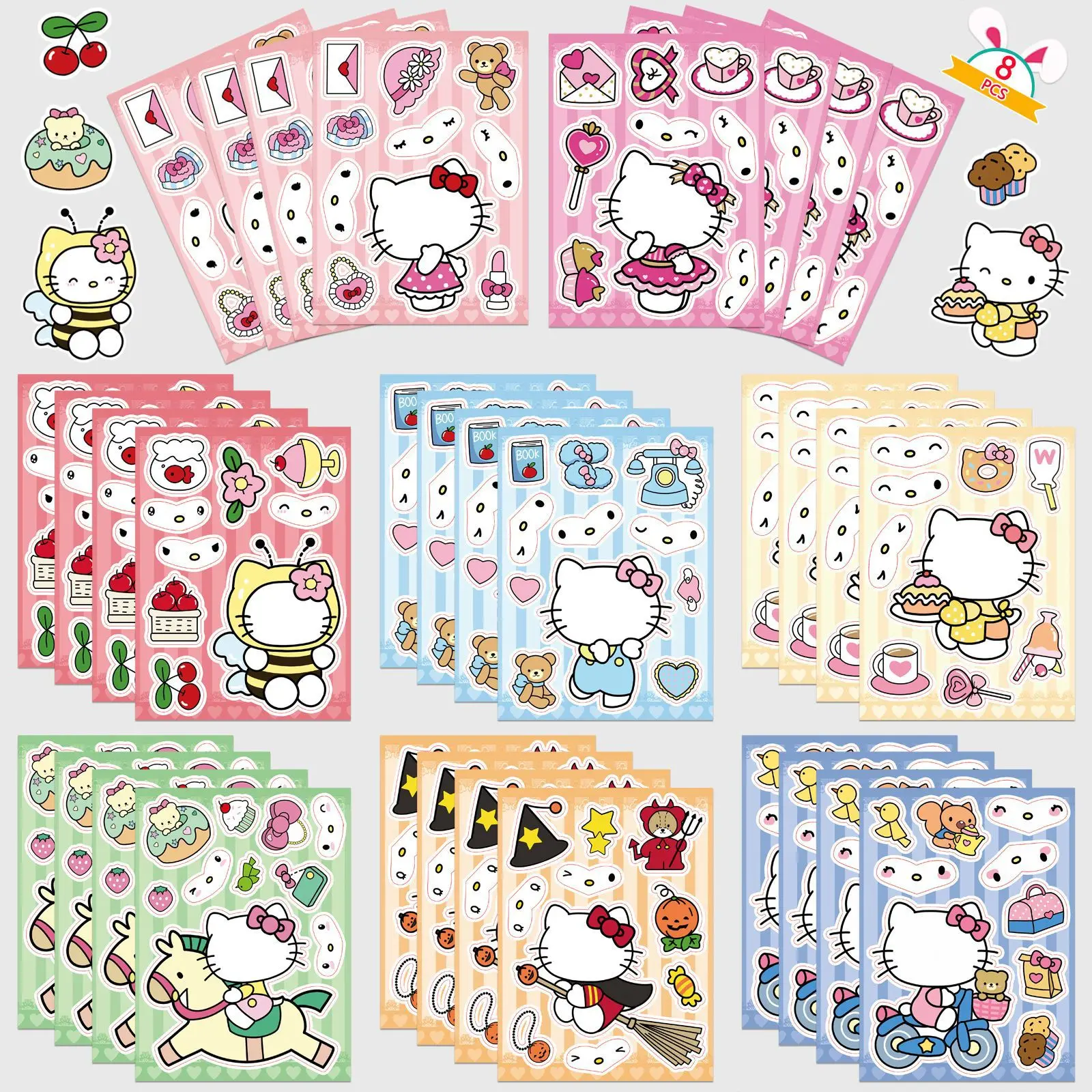 

8/16Sheets Sanrio Hello Kitty Make a Face Puzzle Sticker DIY Phone Laptop Luggage Skateboard Graffiti Decals Fun for Gift