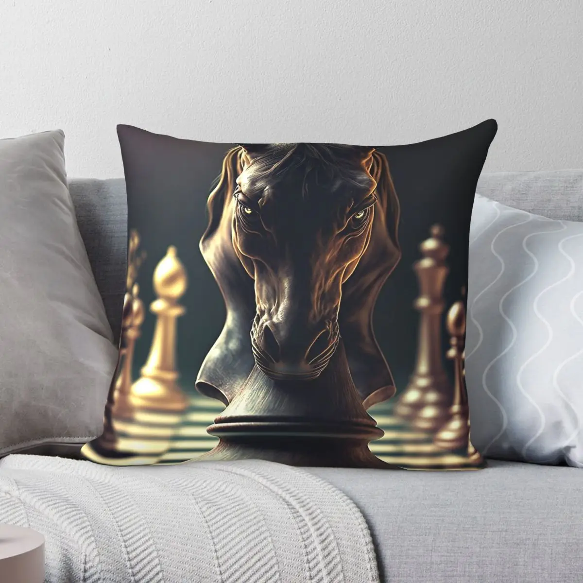 Chess Three Knights Game Pillowcase Polyester Linen Velvet Printed Zip Decorative Sofa Cushion Cover 45x45