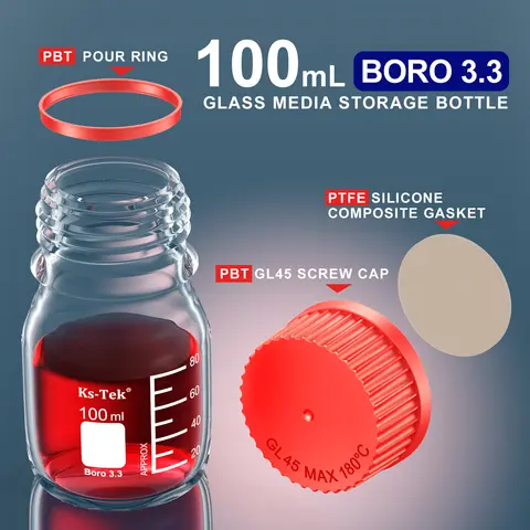 Ks-Tek GL45 미디어 보틀, 붕규산염 3.3,100ml,PBT/PP 스크류 GL 45 캡, PBT/PP 푸어 링, PTFE 실리콘 개스킷, 사전 세척, 멸균